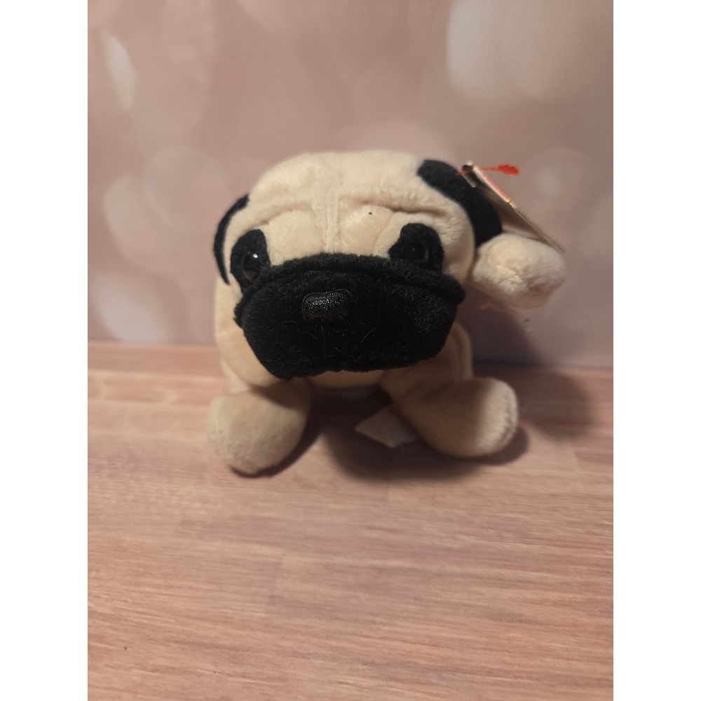 Ty Beanie Baby Pugsly the Pug Dog Tan Black Plush 1996 Collectible Stuffed Toy